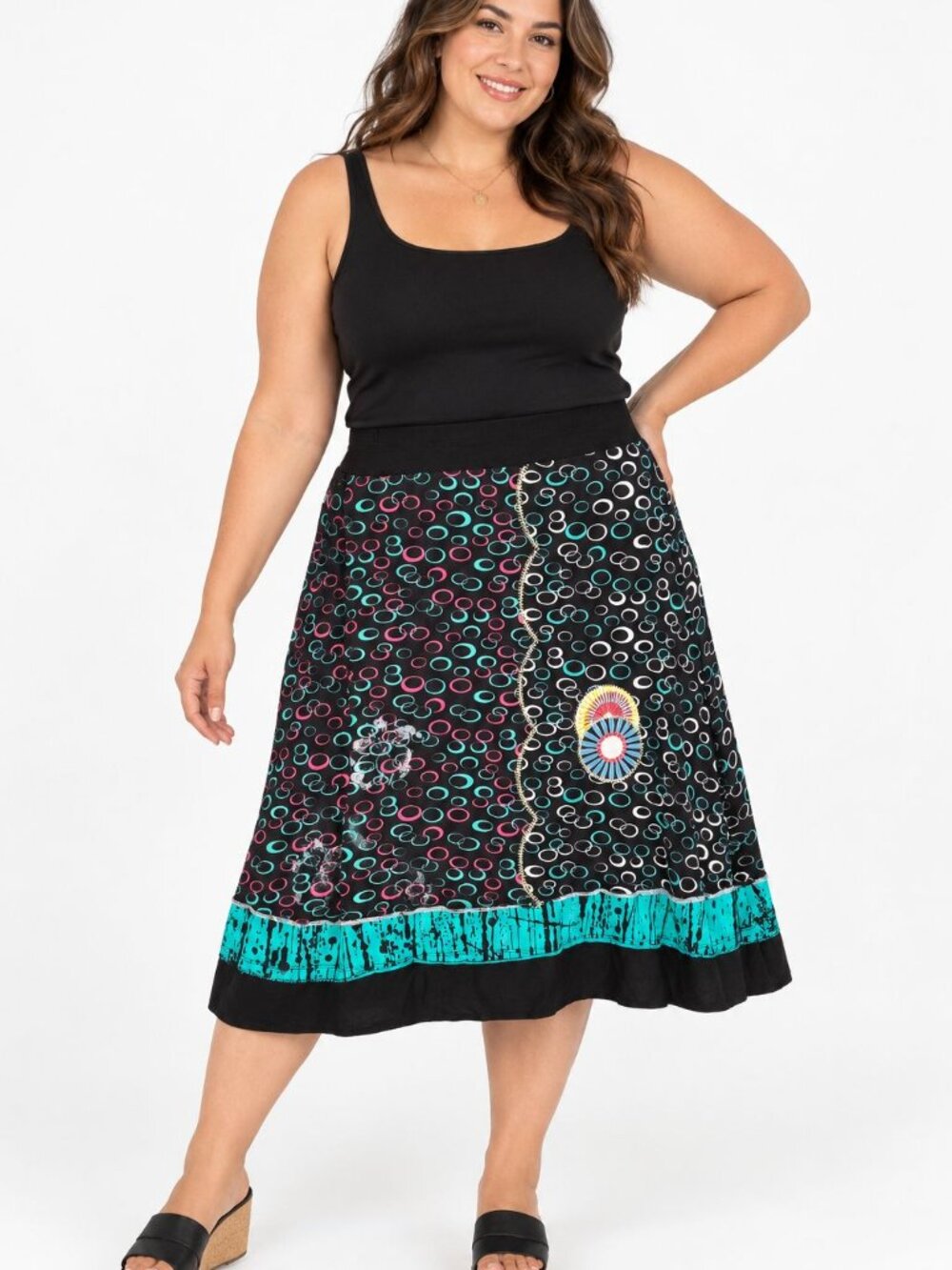 Dolcezza Skirt XL Black Colorful Abstract Print Midi Boho Artsy